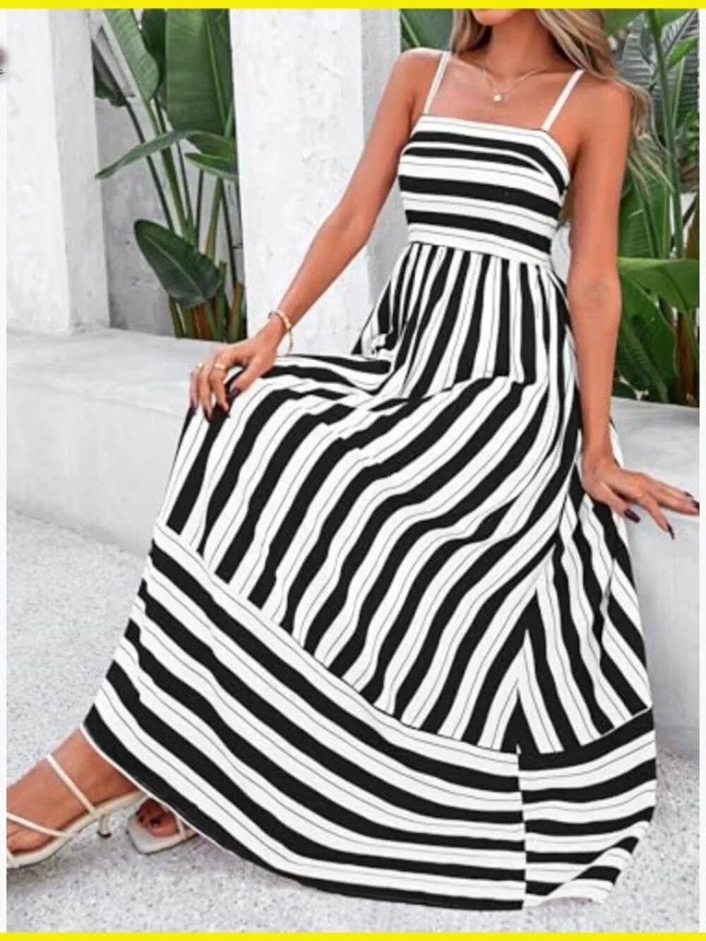 Boho Floral Striped Maxi Dress Spaghetti Strap Square Neck Flowy A-Line